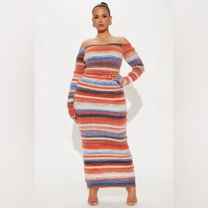 Striped Off-Shoulder Sweater Maxi Dress